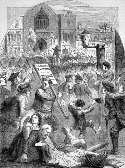 Riotous Assembly outside the Parliament House on the introduction of the Excise Scheme, illustration from 